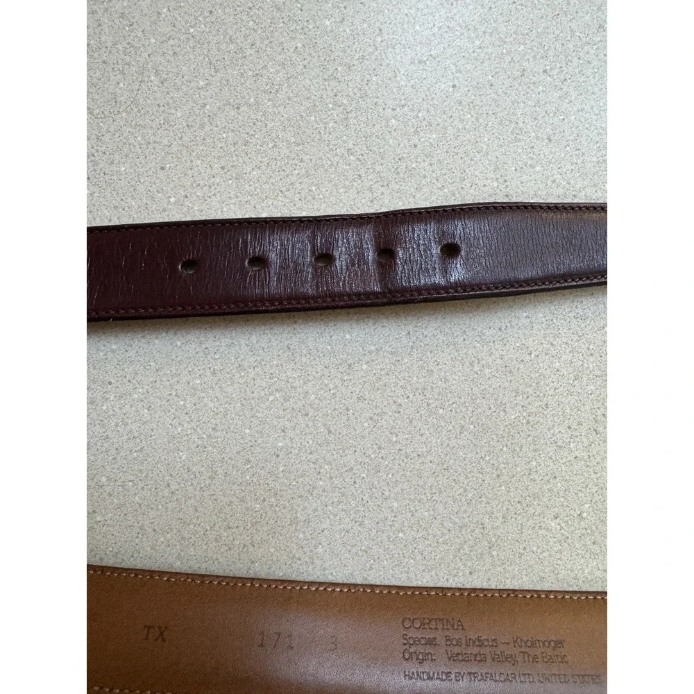 Vintage Trafalgar Cortina Oxblood Leather Brass Buckle Belt 34Handmade USA